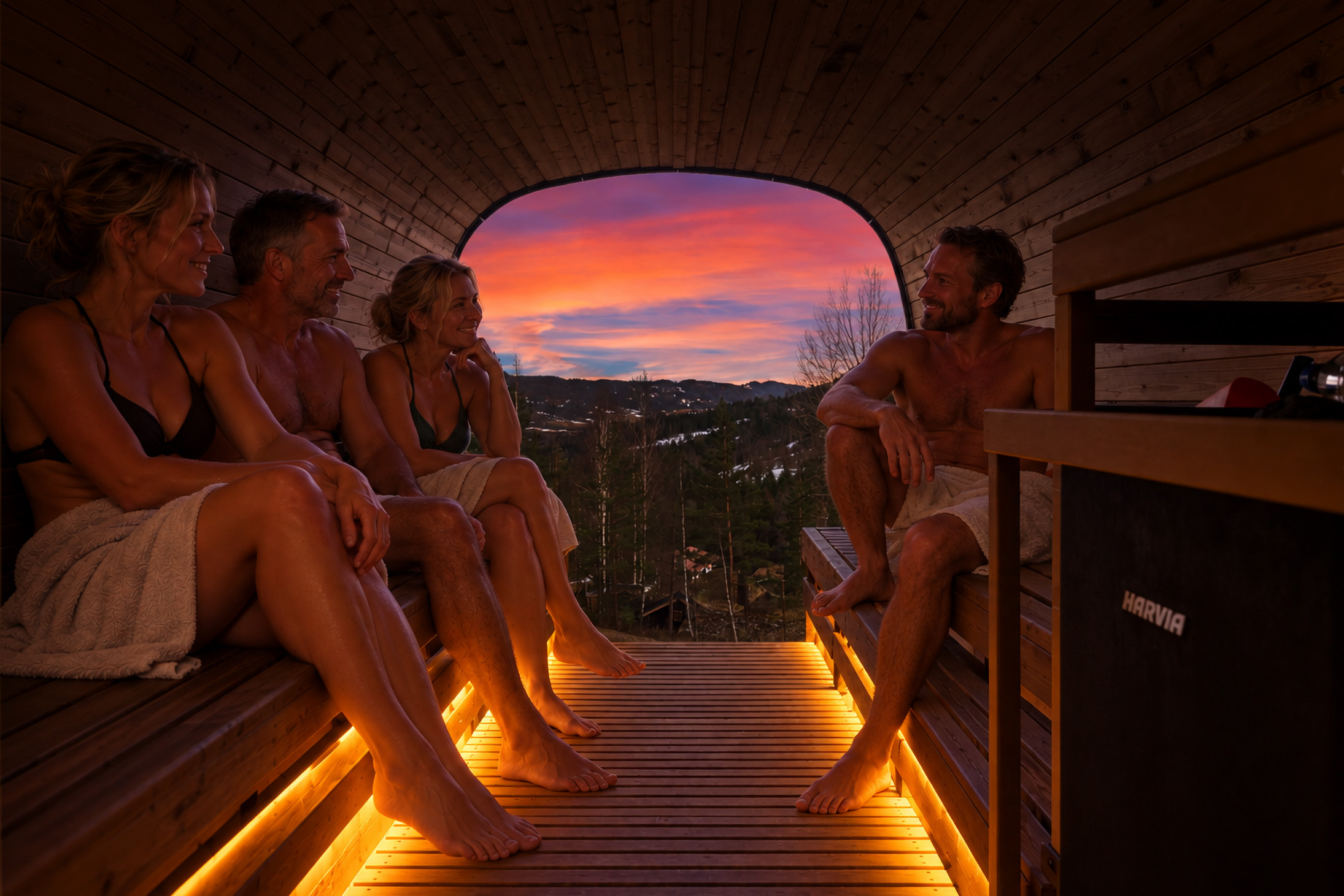 Fire personer sitter i en trebadstue med panoramautsikt mot en fargerik solnedgang.