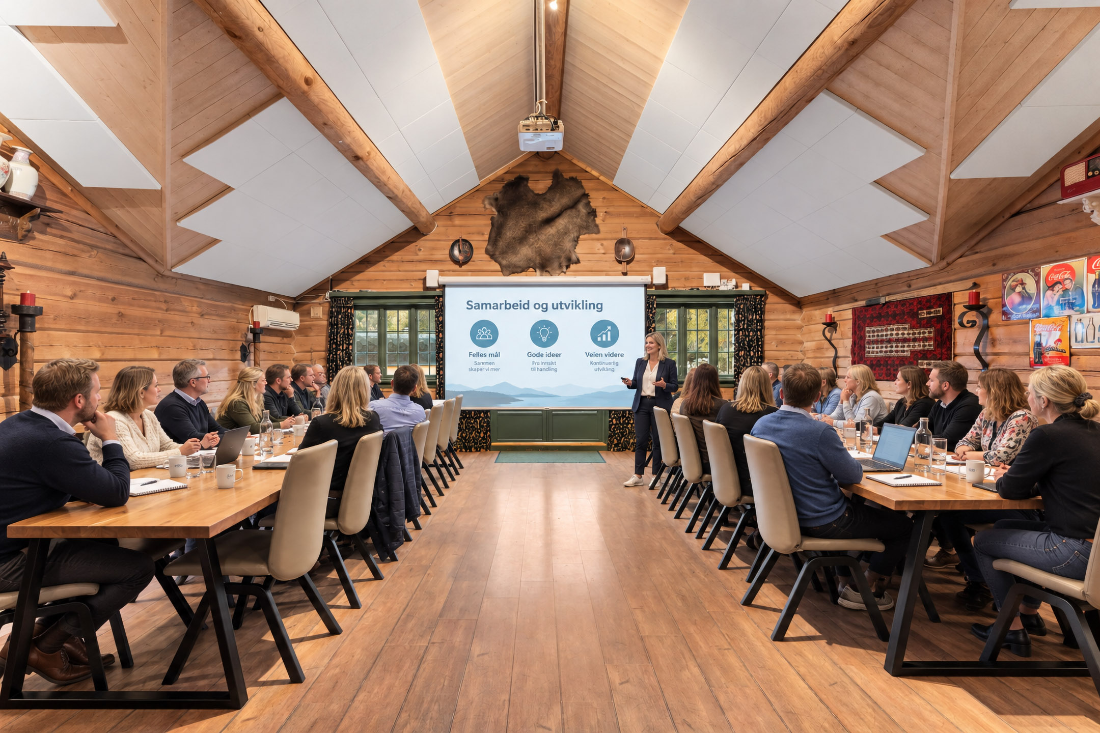 Foredragsholder presenterer for en bedriftsgruppe ved to lange møtebord i en romslig trehytte.